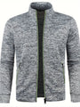 Graue Herren-Strickjacke mit Reißverschluss, Stehkragen, meliertem Muster, sportlich, modern.