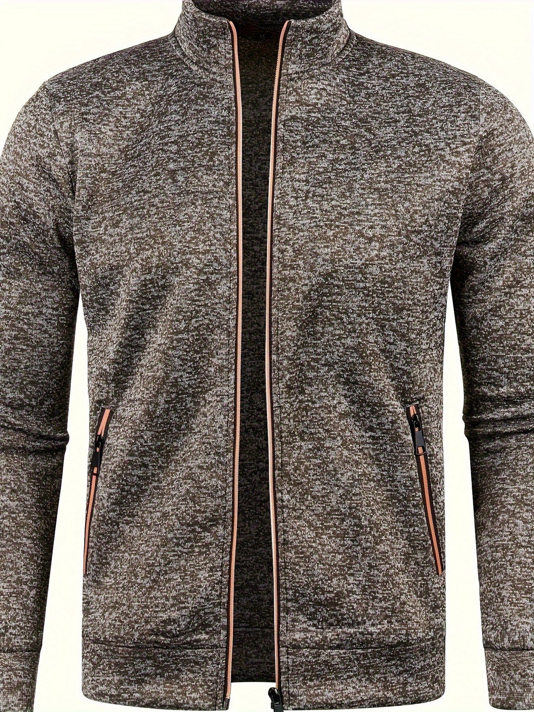 Graue Herren-Strickjacke mit Reißverschluss, Stehkragen, Taschen, modisch, bequem.