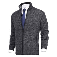 Dunkelgrauer Herren-Strickjacke mit Reißverschluss, eleganter Stil, ideal für Büro und Freizeit.