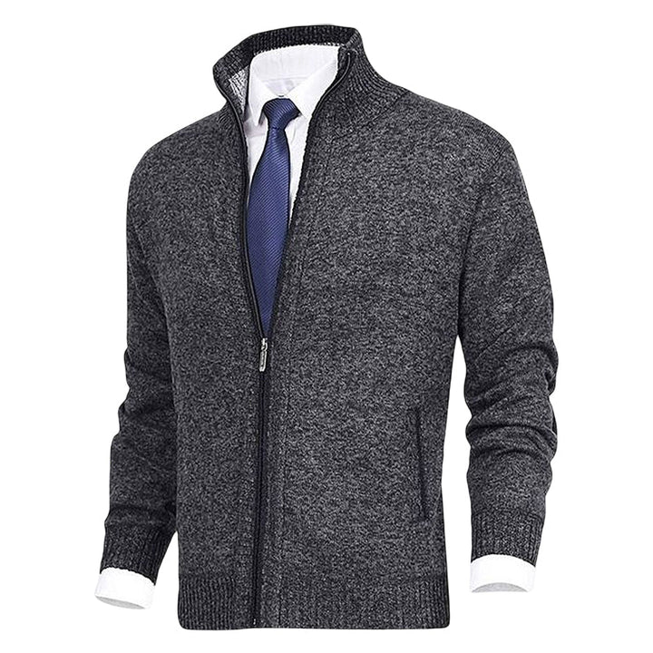 Dunkelgrauer Herren-Strickjacke mit Reißverschluss, eleganter Stil, ideal für Büro und Freizeit.
