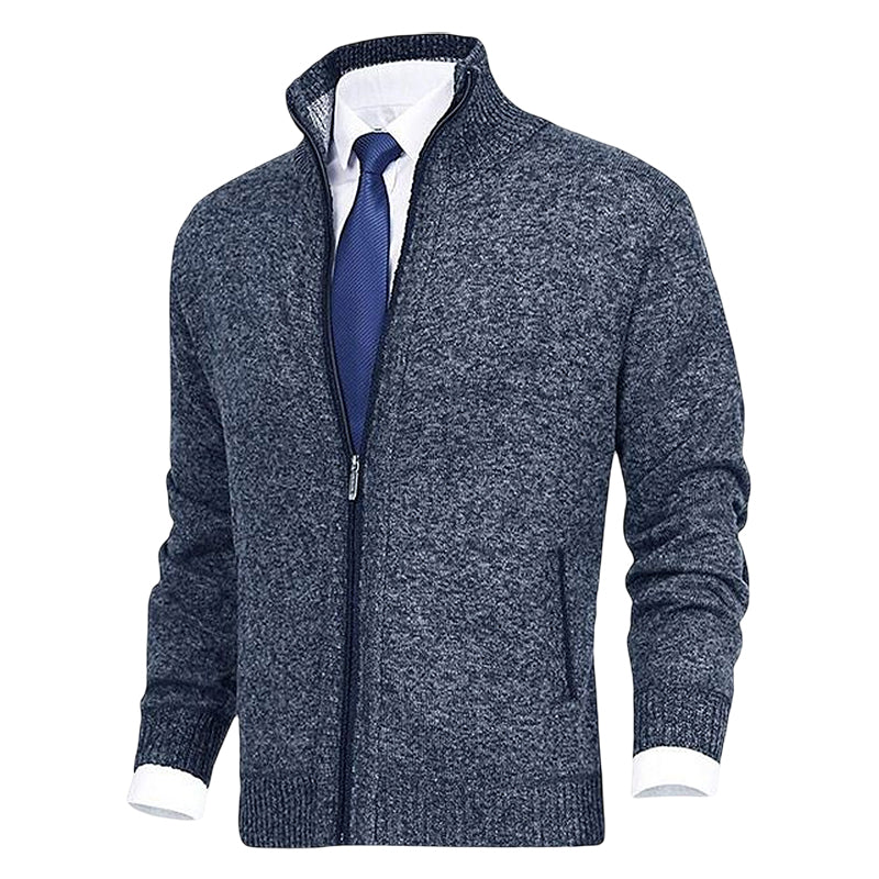 Grauer Herren-Strickjacke mit Reißverschluss, eleganter Stil, ideal für Büro und Freizeit.