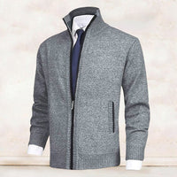 Grauer Herren-Strickjacke mit Reißverschluss, elegantes Design, ideal für Business-Outfits.