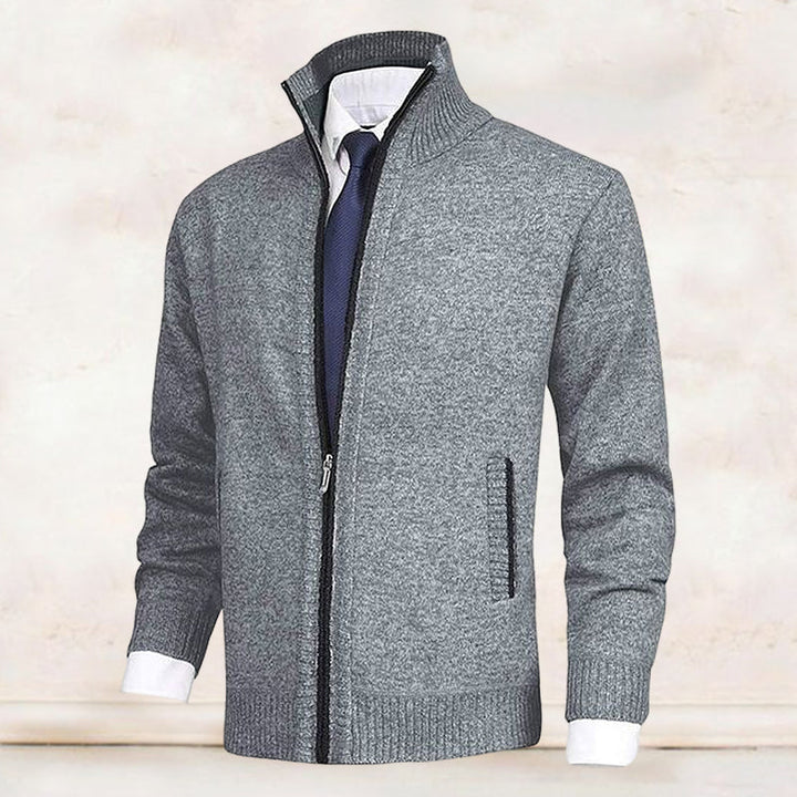 Grauer Herren-Strickjacke mit Reißverschluss, elegantes Design, ideal für Business-Outfits.