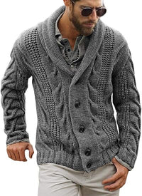 Grauer Strick-Cardigan für Herren, Schalkragen, Knopfverschluss, Wintermode, lässig, warm.