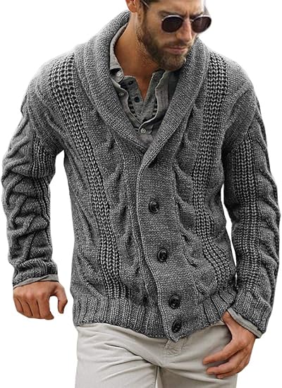 Grauer Strick-Cardigan für Herren, Schalkragen, Knopfverschluss, Wintermode, lässig, warm.