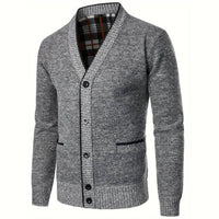Grauer Strick-Cardigan für Herren, V-Ausschnitt, Knopfleiste, warm, modisch, Freizeitkleidung.