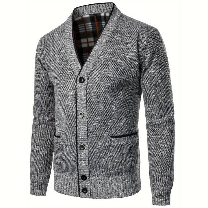 Grauer Strick-Cardigan für Herren, V-Ausschnitt, Knopfleiste, warm, modisch, Freizeitkleidung.