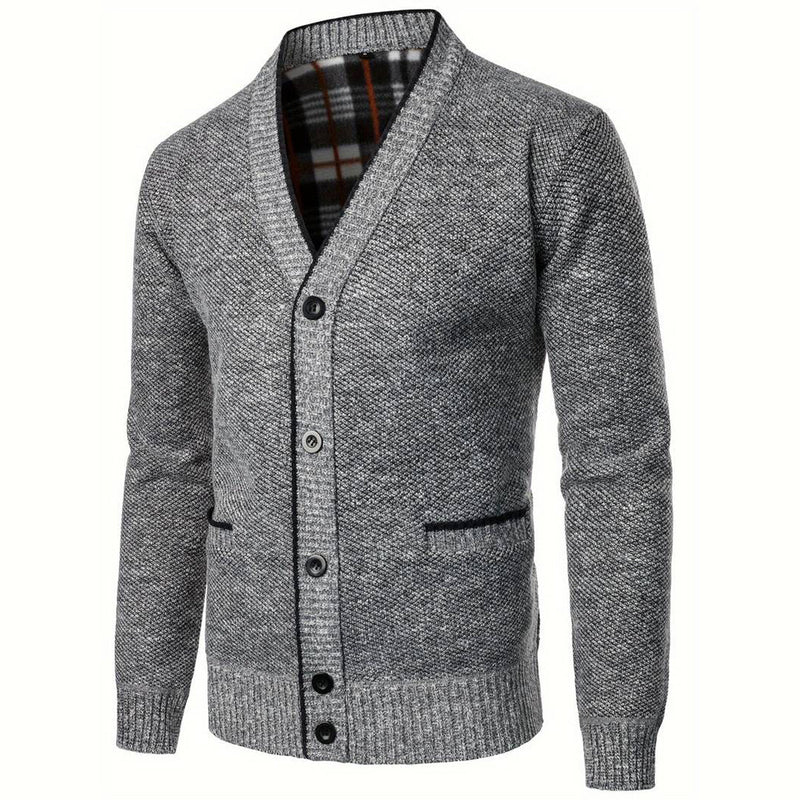 Grauer Strick-Cardigan für Herren, V-Ausschnitt, Knopfleiste, warm, modisch, Freizeitkleidung.