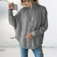 Grauer Damen-Strickpullover, Zopfmuster, Rollkragen, lässig, gemütlich, modisch.