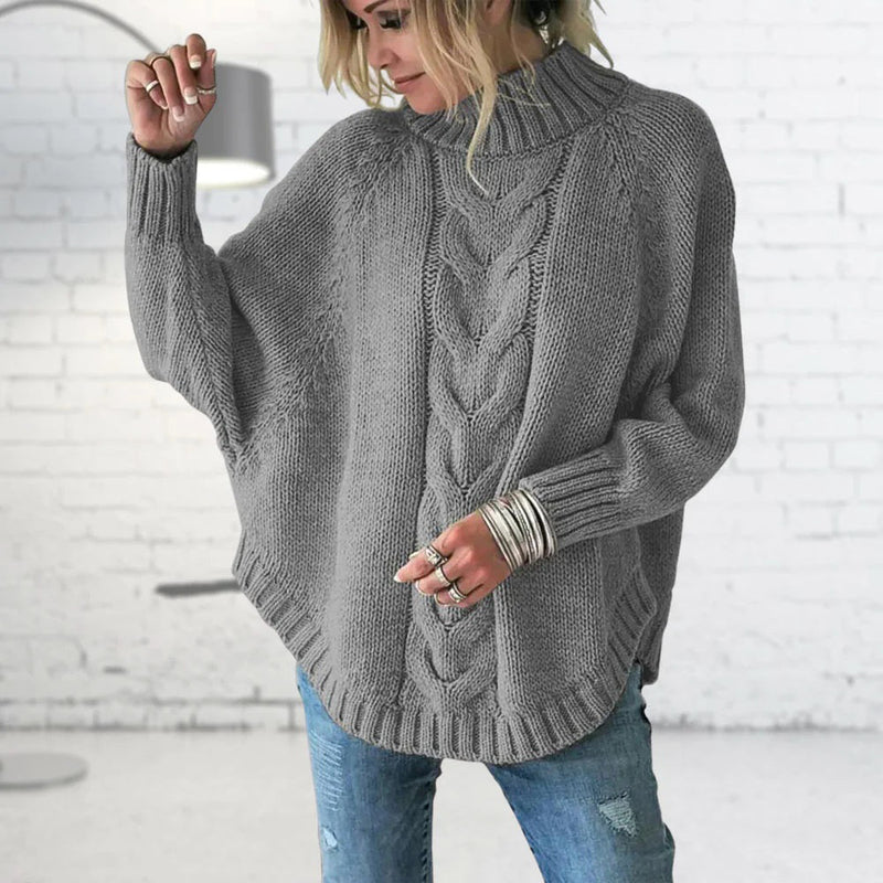 Grauer Damen-Strickpullover, Zopfmuster, Rollkragen, lässig, gemütlich, modisch.