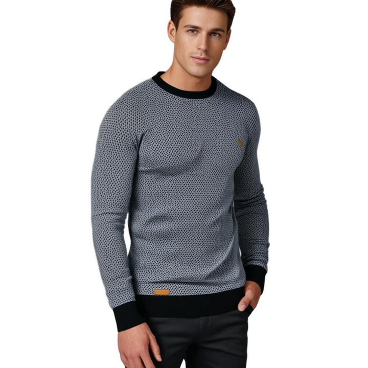 Mann in grauem Strickpullover, schwarzer Kragen, modisch, lässig, Herrenmode.