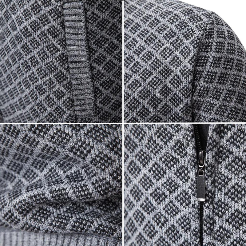 Grauer Strickpullover mit Rautenmuster, Reißverschluss, Detailansicht, Herrenmode, Winterkleidung.