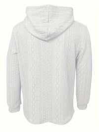 Hellgrauer Kapuzenpullover mit Zopfmuster, langärmelig, aus Baumwolle, Rückansicht.