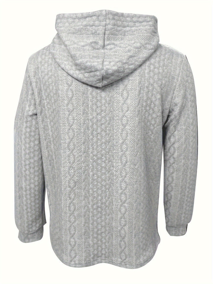 Grauer Kapuzenpullover mit Zopfmuster, langärmelig, weiches Material, modisch, bequem.