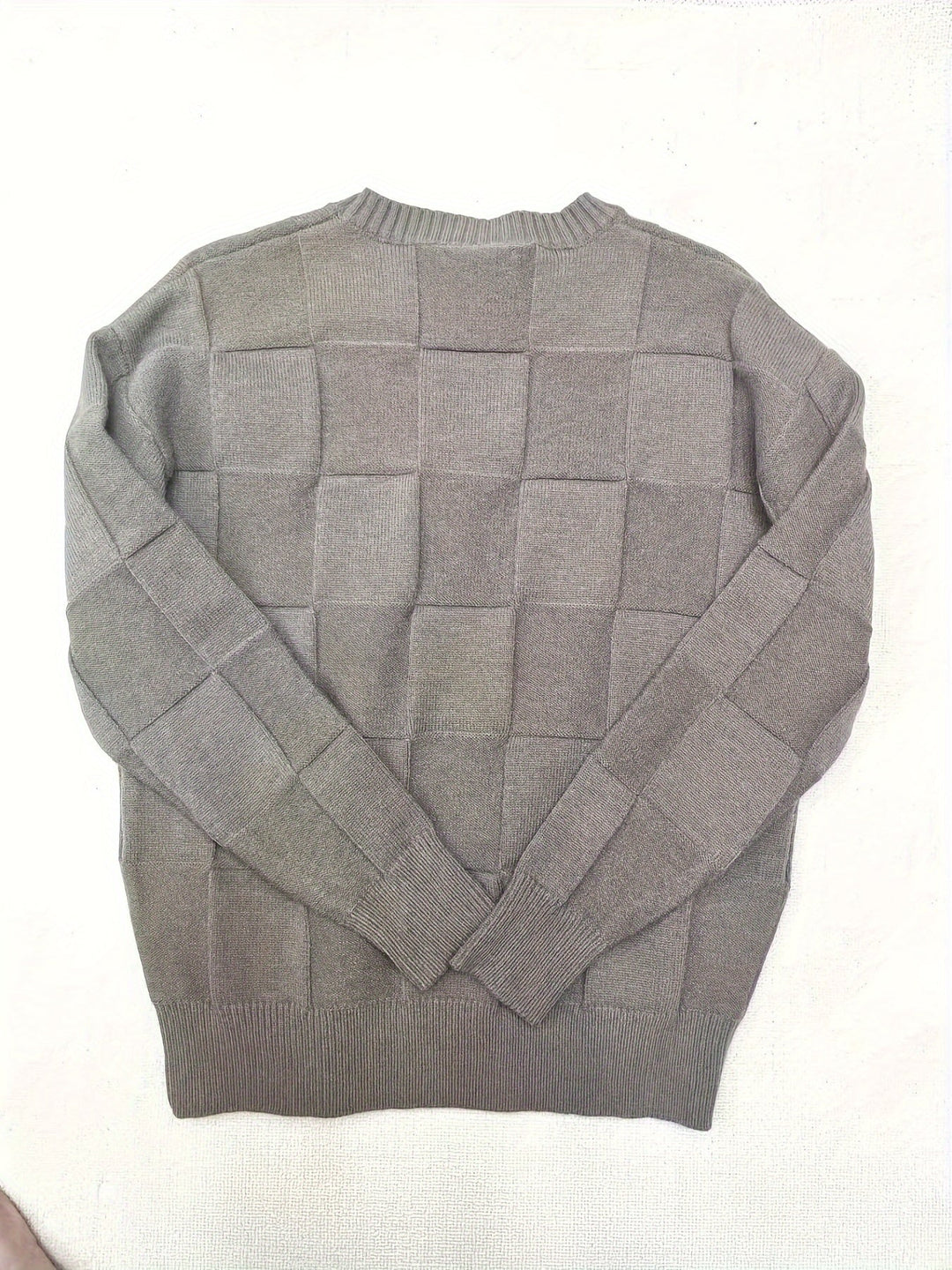 Grauer Strickpullover mit Karomuster, Herrenmode, Baumwolle, lässig, warm, stilvoll