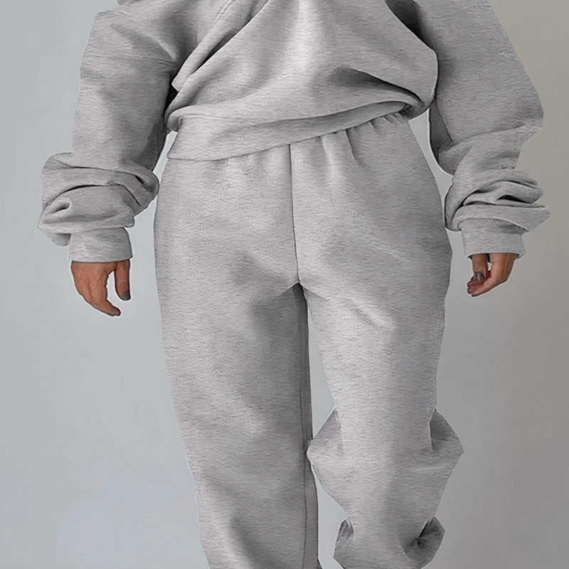 Graues Damen-Sweatshirt und Jogginghose Set, bequem, lässig, aus Baumwolle.