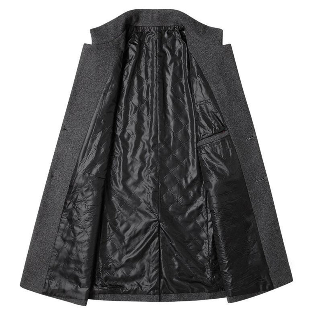 Grauer Herrenmantel aus Wolle, geöffnet, mit schwarzem Innenfutter, elegantes Design.