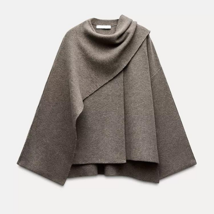 Grauer Damenponcho aus Wolle, asymmetrisches Design, modisch, warm, Herbst-Winter-Kleidung.