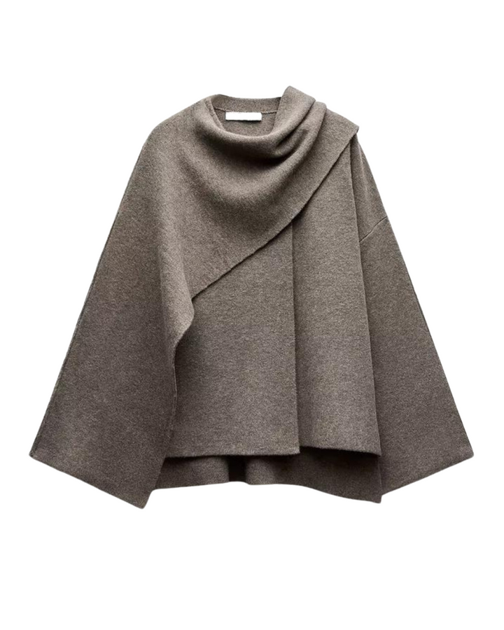 Grauer Damen-Poncho aus Wolle, elegantes Design, Herbstmode, warm und stilvoll.