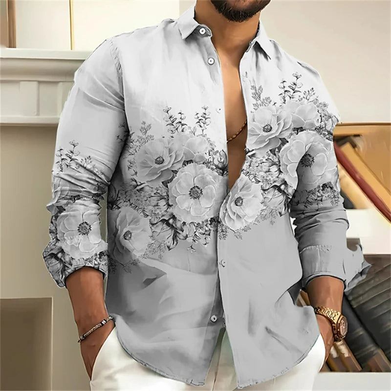 Graues Herrenhemd mit Blumenmuster, langärmelig, elegant, Freizeitmode.