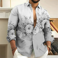 Graues Herrenhemd mit Blumenmuster, langärmelig, elegant, Freizeitmode.