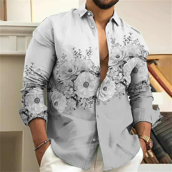 Graues Herrenhemd mit Blumenmuster, langärmelig, elegant, Freizeitmode.