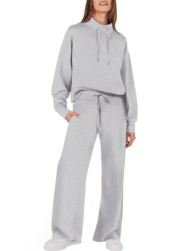 Graues Damen-Sweatshirt und Jogginghose Set, bequem, lässig, Freizeitmode.