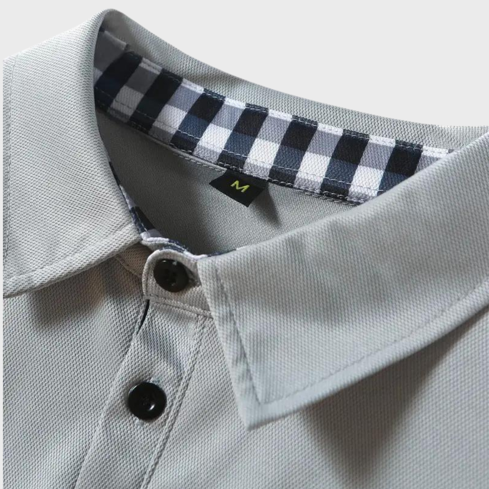 Graues Herrenhemd mit Karomuster-Kragen, Knopfleiste, Größe M, Baumwolle.