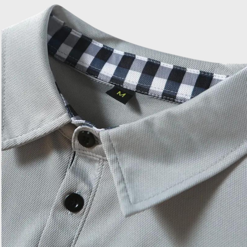 Graues Herrenhemd mit Karomuster-Kragen, Knopfleiste, Größe M, Baumwolle.