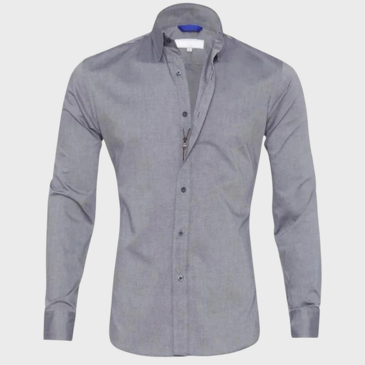 Graues Herrenhemd, langärmelig, Baumwolle, klassischer Kragen, Knopfleiste, elegant.