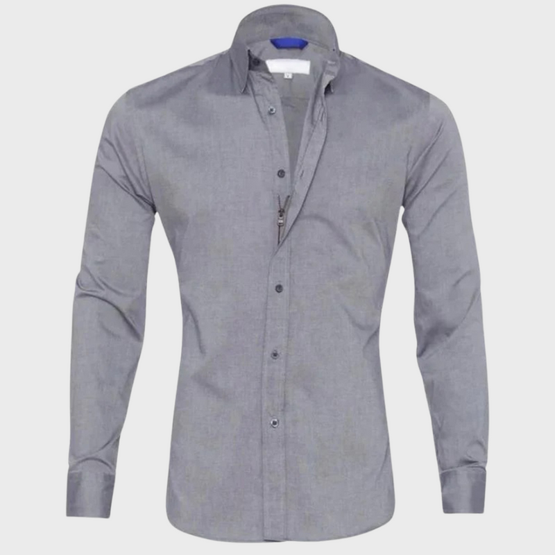 Graues Herrenhemd, langärmelig, Baumwolle, klassischer Kragen, Knopfleiste, elegant.