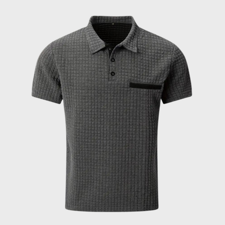 Graues Herren-Poloshirt, Baumwolle, strukturierter Stoff, kurze Ärmel, klassischer Kragen.