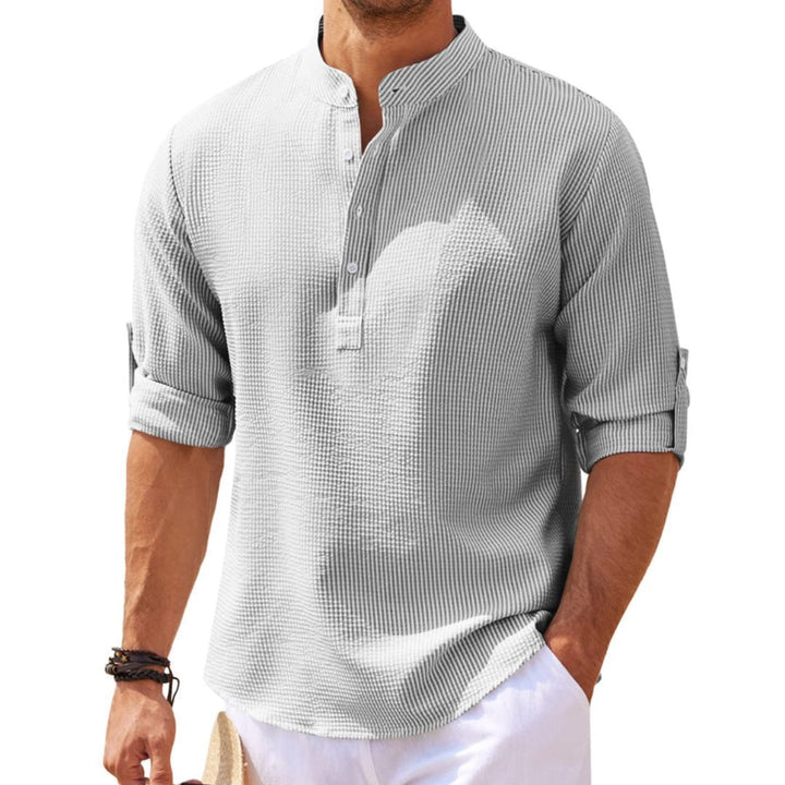 Männer Leinenhemd, grau, Stehkragen, langärmlig, lässig, Sommermode, atmungsaktiv.