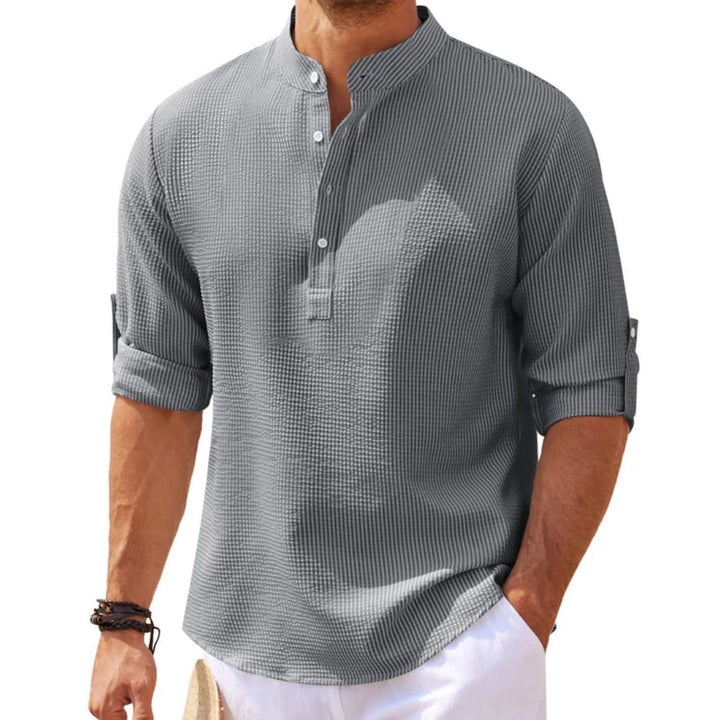 Männerhemd grau, Leinen, Stehkragen, langärmlig, Freizeitmode, Sommerbekleidung.