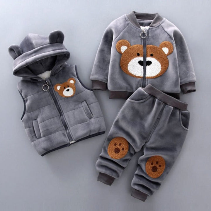 Graues Baby-Set mit Bärenmotiv, Kapuzenweste, Jacke und Hose, weicher Fleece-Stoff.