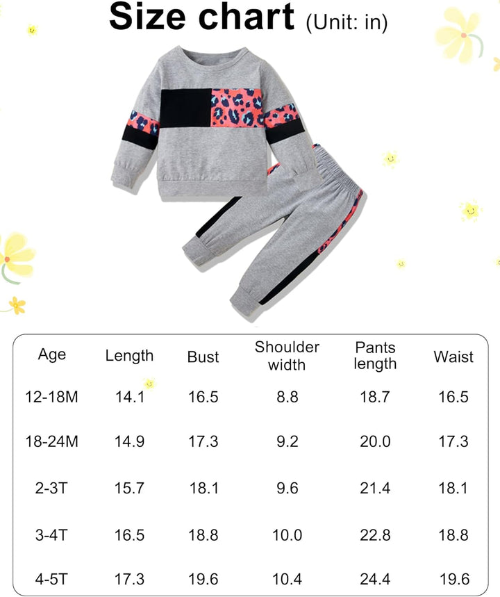 Graues Kinder-Sweatshirt-Set mit Leopardenmuster, Größenübersicht, Baumwolle, bequem.