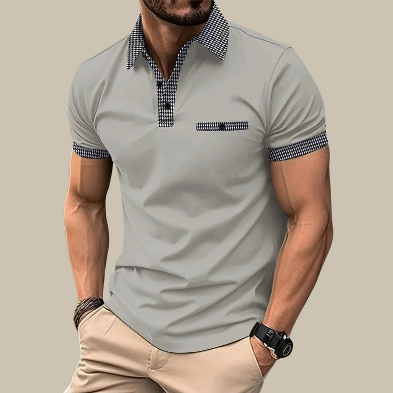 Männer Poloshirt grau, kariertes Kragen-Design, kurzärmelig, Freizeitmode, Baumwolle.