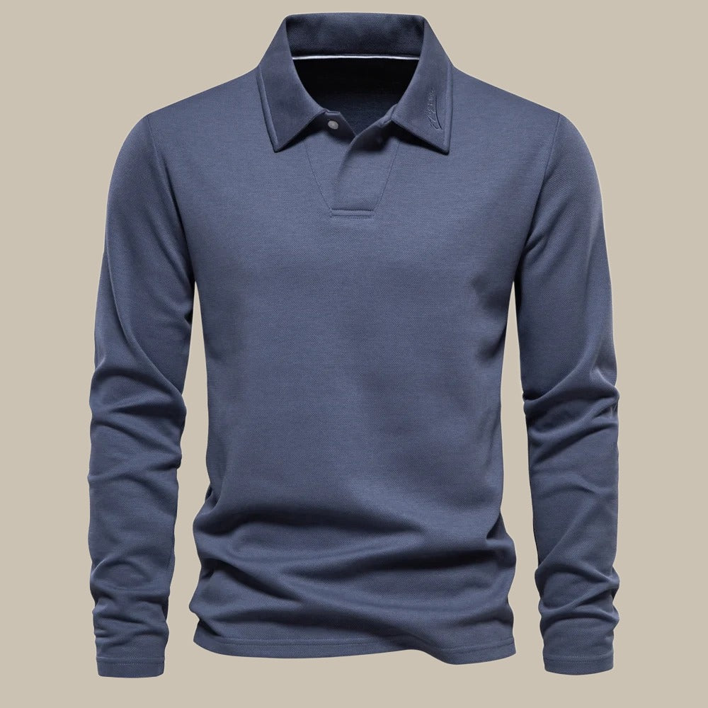 Graues Langarm-Poloshirt für Herren, Baumwolle, klassischer Kragen, Freizeitmode.
