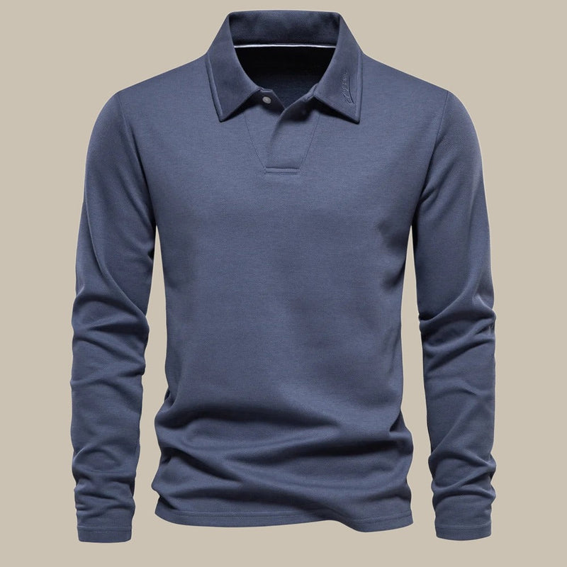 Graues Langarm-Poloshirt für Herren, Baumwolle, klassischer Kragen, Freizeitmode.