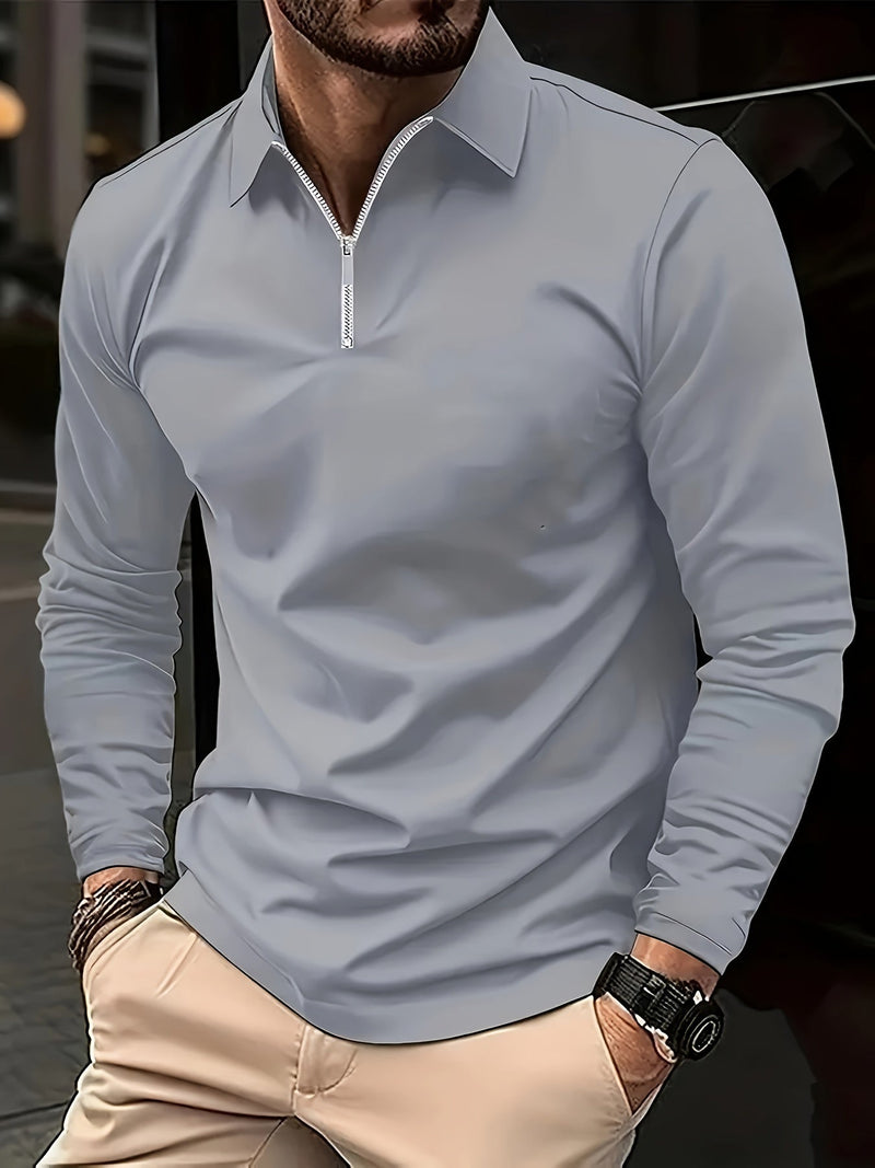 Graues Herren-Poloshirt mit Reißverschluss, langärmelig, modern, elegant, Freizeitmode.
