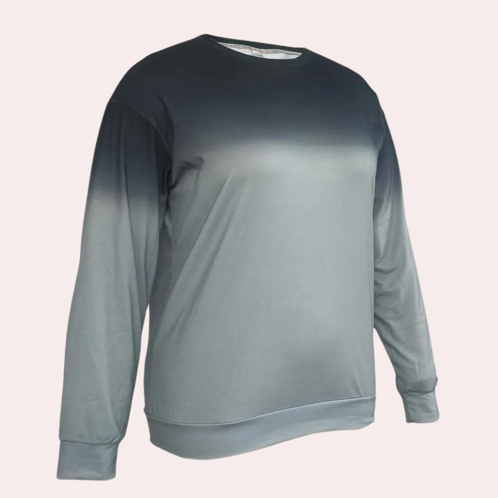 Graues Ombré-Sweatshirt, langärmelig, Rundhalsausschnitt, weiches Material, Unisex-Mode.