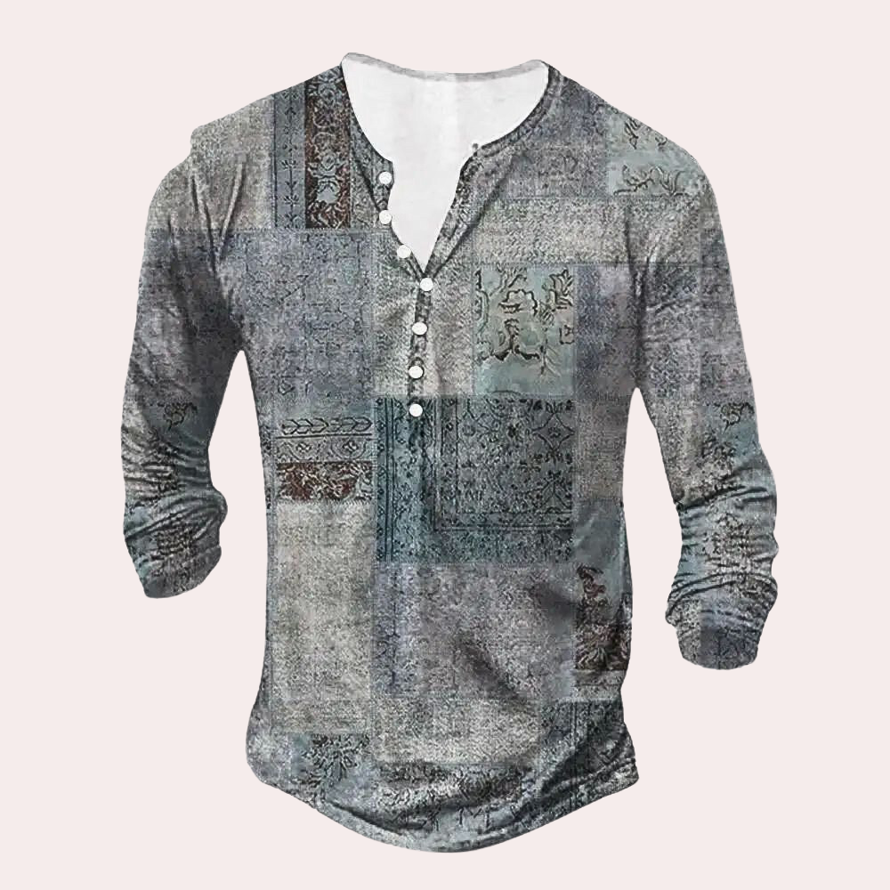 Graues Herren-Henley-Shirt mit langen Ärmeln, Knopfleiste und Vintage-Muster.