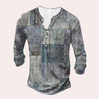 Graues Herren-Henley-Shirt mit langen Ärmeln, Knopfleiste und Vintage-Muster.
