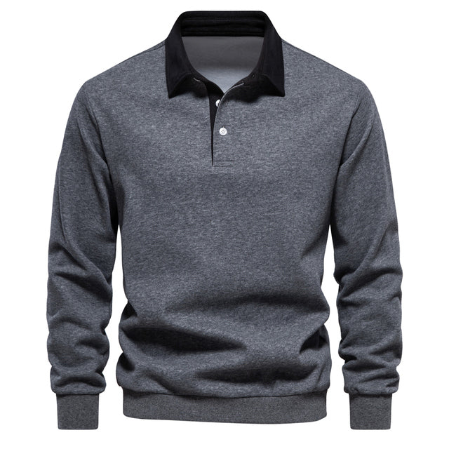 Graues Herren-Polo-Sweatshirt, Baumwolle, Herbstmode, lässig, schwarzer Kragen.