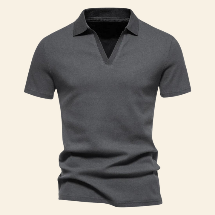 Graues Herren-Poloshirt aus Baumwolle, kurzärmelig, klassischer Kragen, Freizeitmode.
