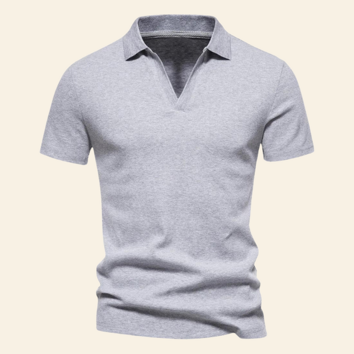 Graues Herren-Poloshirt aus Baumwolle, kurzärmelig, klassischer Kragen, Freizeitmode.