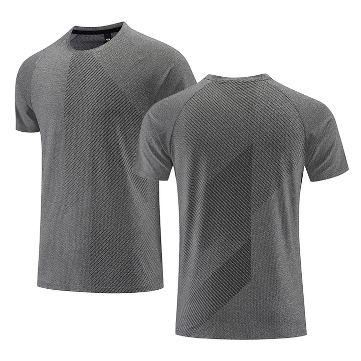 Graues Herren-Sportshirt, atmungsaktiv, kurzärmelig, mit geometrischem Muster.