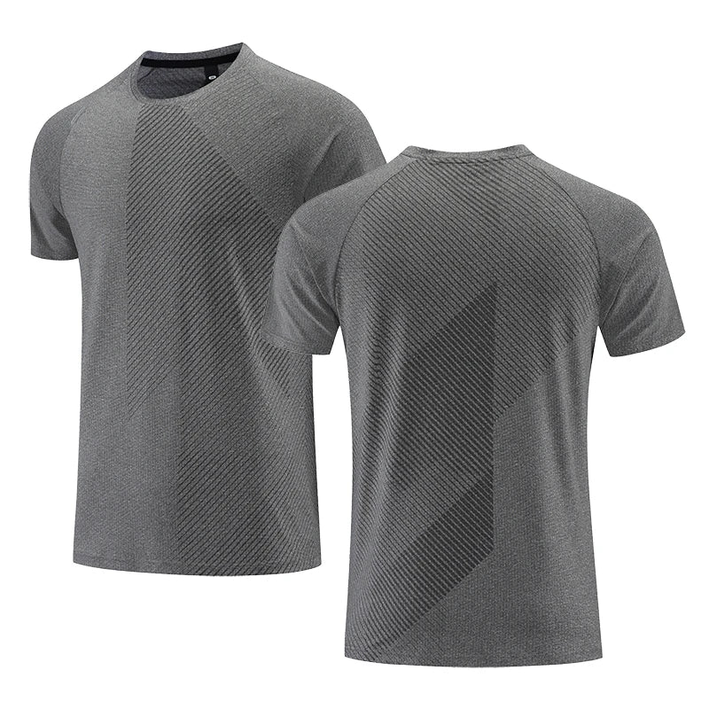 Graues Herren-Sportshirt, atmungsaktiv, kurzärmelig, mit geometrischem Muster.
