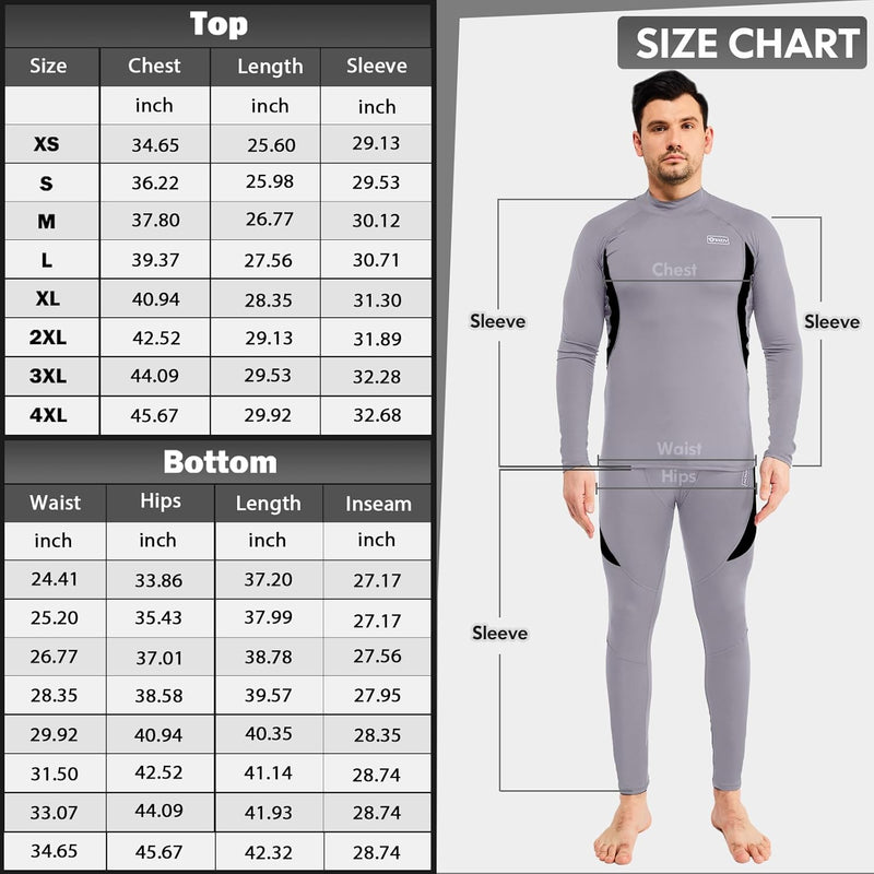 Graues Thermounterwäsche-Set für Herren, Größentabelle, langärmelig, atmungsaktiv.