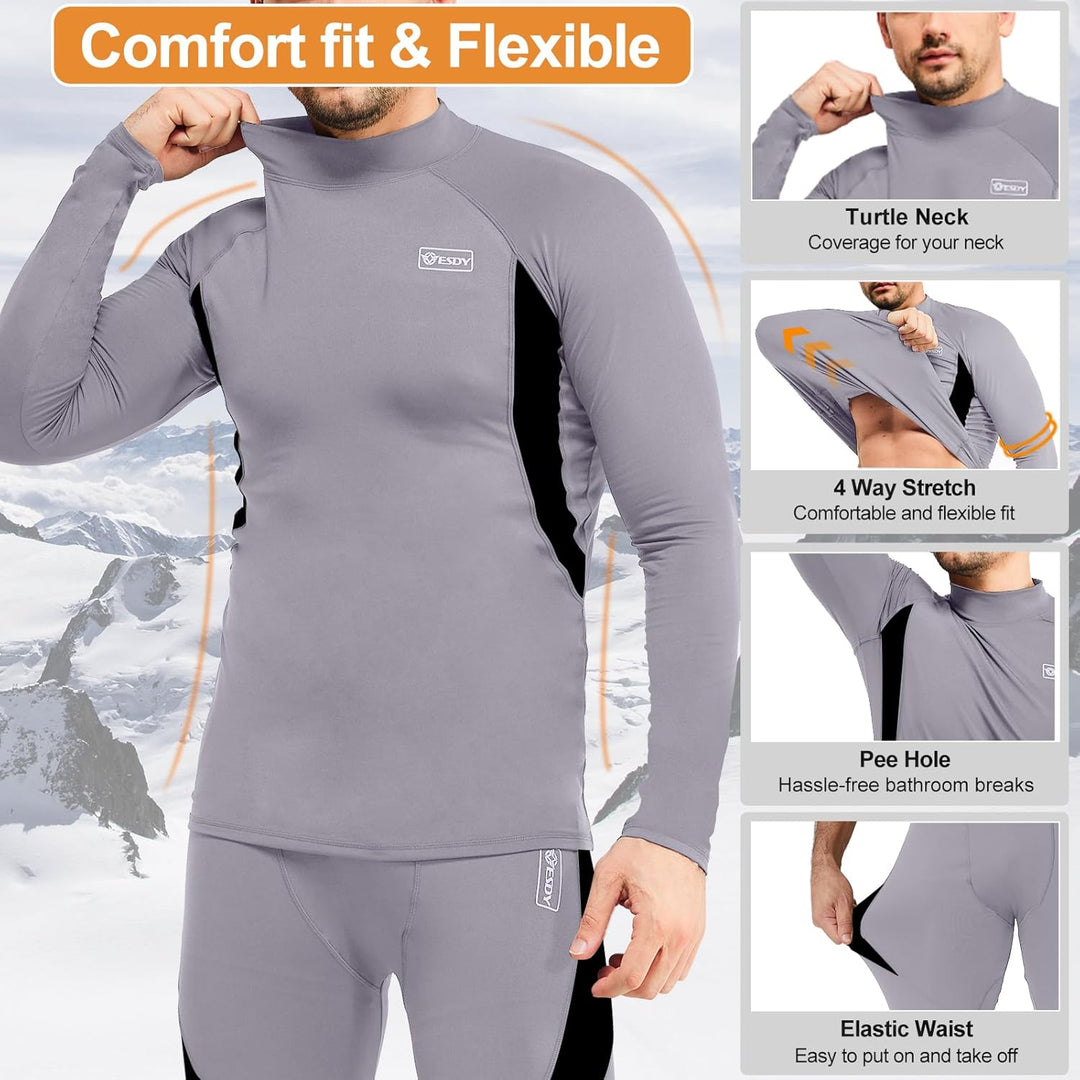 Graues Thermo-Unterwäsche-Set für Herren, elastisch, mit Rollkragen und flexiblem Design.